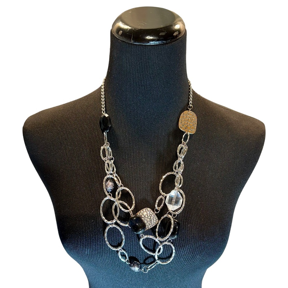 CHICOS, Chunky Silver black and clear beads with textured bronze Beaded …